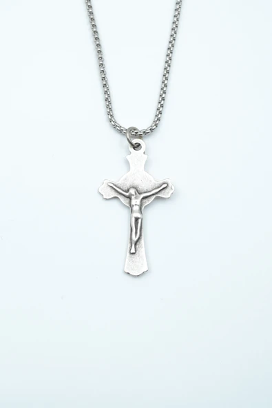 Hz. İsa Haç Gümüş Kaplama Örme Zincir Kolye ürün görseli 1