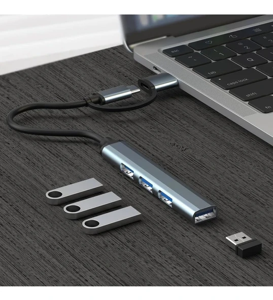 Desingshop 2 In 1 Adaptör 4 Port Type C USB 3.0 Hub USB 3.0 Adapter Type-C Çevirici USB Hub - 5