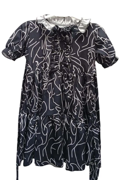 Kız Çocuk Yakası Fırfır ve Düğme Detaylı Karışık Desenli Viskon Siyah Salaş Elbise - Resim 3