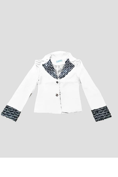Kız Çocuk Yakası ve Bilekleri Pulpayet İşlemeli Çift Düğmeli Beyaz Blazer Ceket - Resim 7