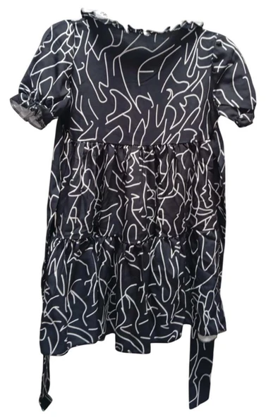 Kız Çocuk Yakası Fırfır ve Düğme Detaylı Karışık Desenli Viskon Siyah Salaş Elbise - Resim 4