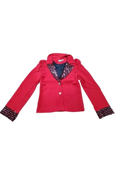 Kız Çocuk Yakası ve Bilekleri Pulpayet İşlemeli Çift Düğmeli Kırmızı Blazer Ceket - Resim 10