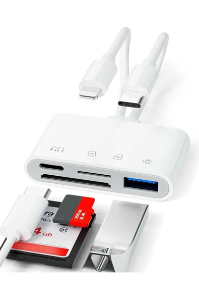 Desingshop 4 İn 1 Lightning Type-c Çıkışlı Çoklu Kablolu Otg Çevirici Adaptör Sd Tf Kart Okuyucu Usb Hub - 7