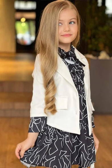 Kız Çocuk Yakası Fırfır ve Düğme Detaylı Karışık Desenli Viskon Siyah Salaş Elbise - Resim 2