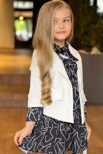 Kız Çocuk Yakası Fırfır ve Düğme Detaylı Karışık Desenli Viskon Siyah Salaş Elbise - Resim 6