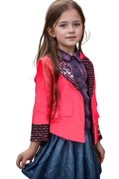 Kız Çocuk Yakası ve Bilekleri Pulpayet İşlemeli Çift Düğmeli Kırmızı Blazer Ceket - Resim 6