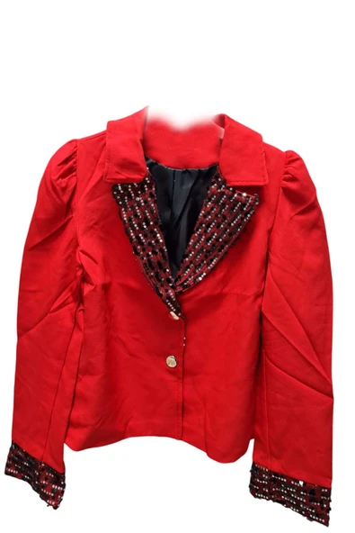 Kız Çocuk Yakası ve Bilekleri Pulpayet İşlemeli Çift Düğmeli Kırmızı Blazer Ceket - Resim 12