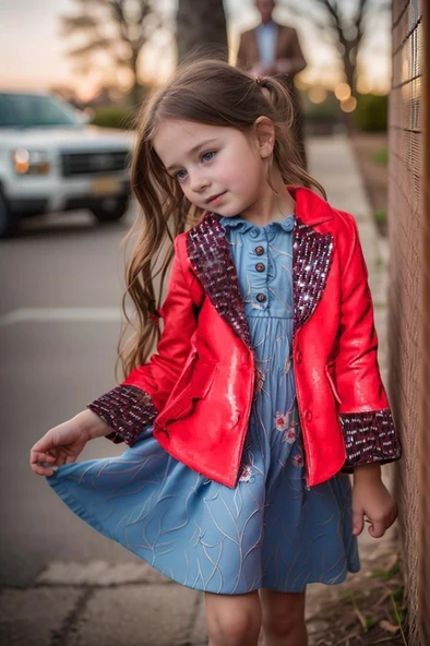 Kız Çocuk Yakası ve Bilekleri Pulpayet İşlemeli Çift Düğmeli Kırmızı Blazer Ceket - Resim 2