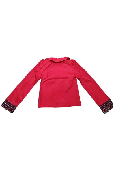 Kız Çocuk Yakası ve Bilekleri Pulpayet İşlemeli Çift Düğmeli Kırmızı Blazer Ceket - Resim 11