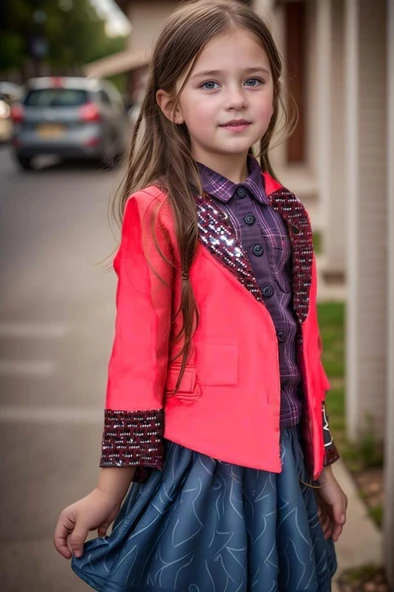 Kız Çocuk Yakası ve Bilekleri Pulpayet İşlemeli Çift Düğmeli Kırmızı Blazer Ceket ürün görseli