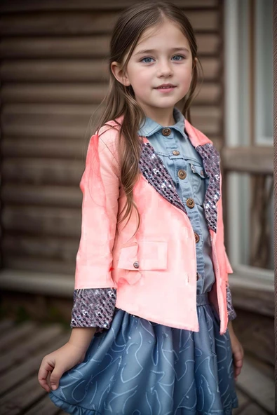 Kız Çocuk Yakası ve Bilekleri Pulpayet İşlemeli Çift Düğmeli Pudra Blazer Ceket - Resim 7