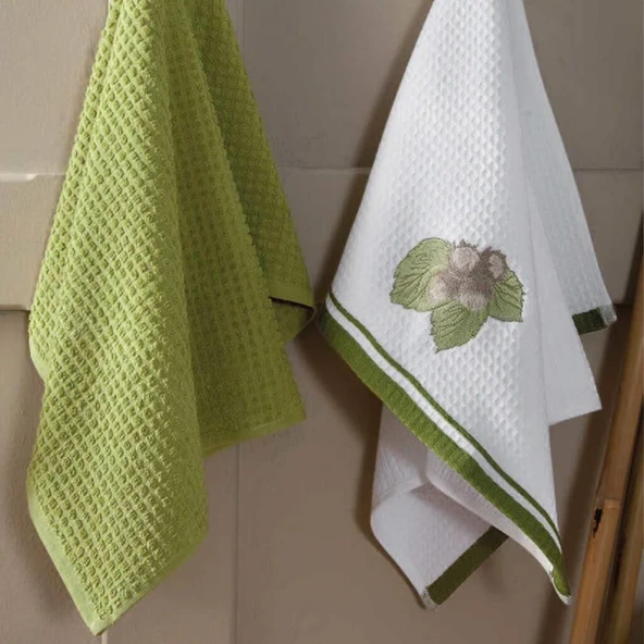 Maxstyle Pamuk Mutfak Havlusu Fındık 2'Li Beyaz-Yeşil 40x60cm - 2