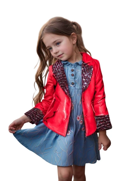 Kız Çocuk Yakası ve Bilekleri Pulpayet İşlemeli Çift Düğmeli Kırmızı Blazer Ceket - Resim 7