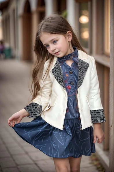 Kız Çocuk Yakası ve Bilekleri Pulpayet İşlemeli Çift Düğmeli Beyaz Blazer Ceket - Resim 5