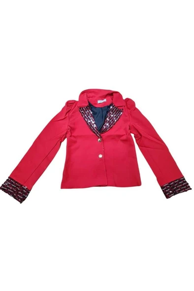 Kız Çocuk Yakası ve Bilekleri Pulpayet İşlemeli Çift Düğmeli Kırmızı Blazer Ceket - Resim 3