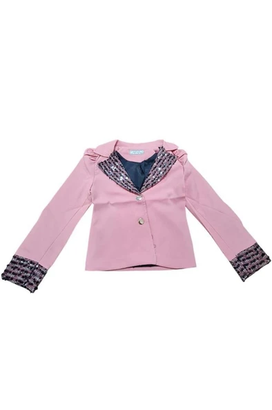 Kız Çocuk Yakası ve Bilekleri Pulpayet İşlemeli Çift Düğmeli Pudra Blazer Ceket - Resim 3