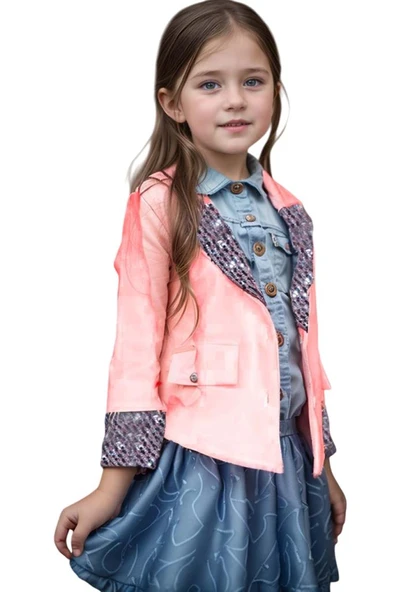 Kız Çocuk Yakası ve Bilekleri Pulpayet İşlemeli Çift Düğmeli Pudra Blazer Ceket - Resim 5