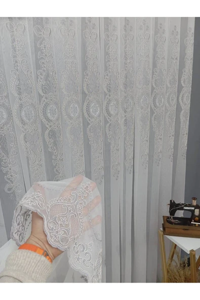 farbateks  Ottoman Gri Gümüş Kort Nakılşlı Salon 3Kat Pileli Tül Perde