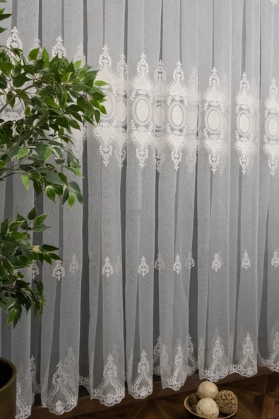 farbateks  Kort Damask Işlemeli Exculusive Işleme Salon Ipek Tül Perdesi 1e 3kat Pileli Tül