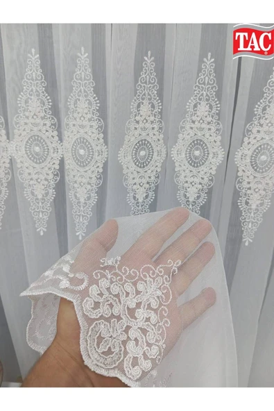 Taç  Nakışlı Kort Damask Salon Model Tarz Tasarım Optima Exculusive 3 Kat Pileli Tül Perde