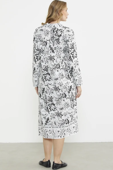 Gömlek Yaka Desenli Uzun Kol Elbise - Siyah - 6