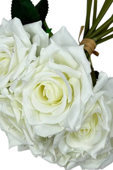 Nettenevime Yapay Çiçek Beyaz Gül 10lu Demet Gelin Çiçeği Buketi Masa Üstü Vazo Çiçeği 25cm - Resim 5