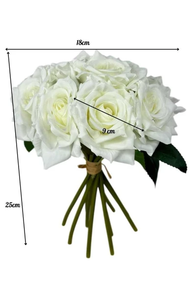 Nettenevime Yapay Çiçek Beyaz Gül 10lu Demet Gelin Çiçeği Buketi Masa Üstü Vazo Çiçeği 25cm - Resim 2