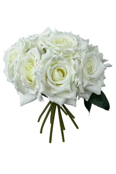 Nettenevime Yapay Çiçek Beyaz Gül 10lu Demet Gelin Çiçeği Buketi Masa Üstü Vazo Çiçeği 25cm ürün görseli