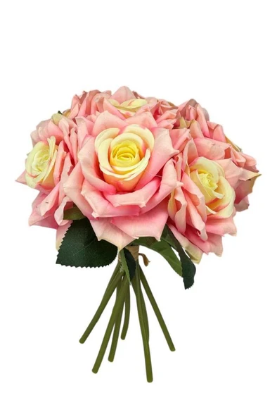 Nettenevime Yapay Çiçek Pembe Koyu Gül 10lu Demet Gelin Çiçeği Buketi Masa Üstü Vazo Çiçeği 25cm - Resim 3