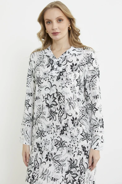 Gömlek Yaka Desenli Uzun Kol Elbise - Siyah - 4