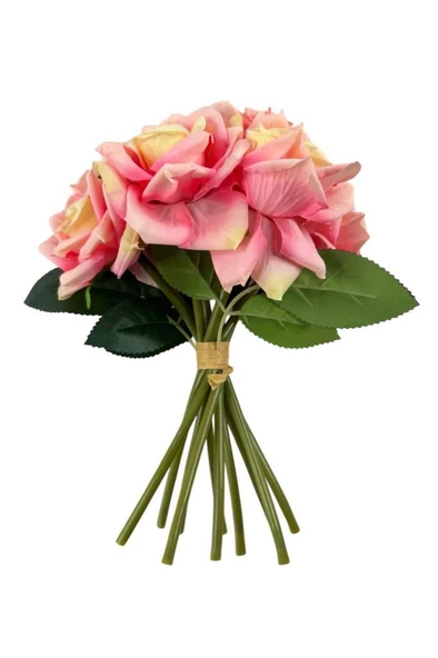 Nettenevime Yapay Çiçek Pembe Koyu Gül 10lu Demet Gelin Çiçeği Buketi Masa Üstü Vazo Çiçeği 25cm - Resim 6