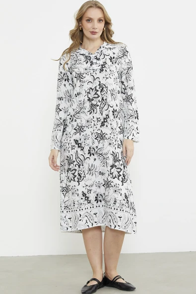 Gömlek Yaka Desenli Uzun Kol Elbise - Siyah