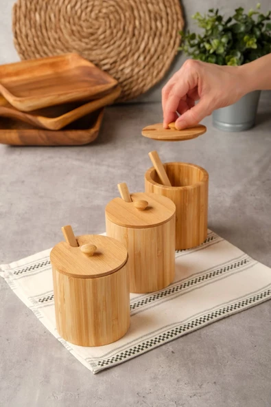 Arven - Bambu 3 lü Kapaklı Kaşıklı Baharat Kavanozu 10 cm x 8,5 cm - 2