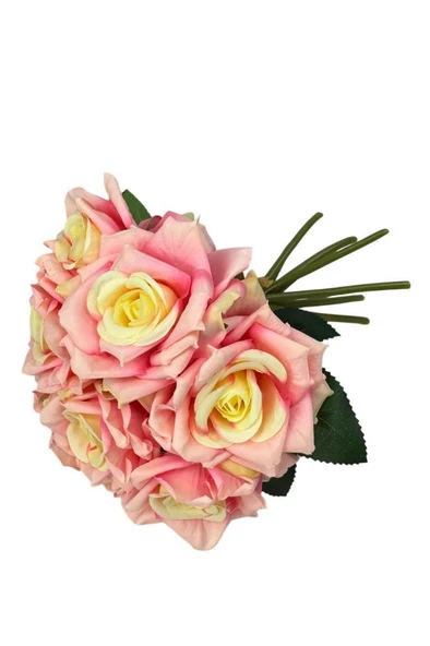 Nettenevime Yapay Çiçek Pembe Koyu Gül 10lu Demet Gelin Çiçeği Buketi Masa Üstü Vazo Çiçeği 25cm - Resim 5