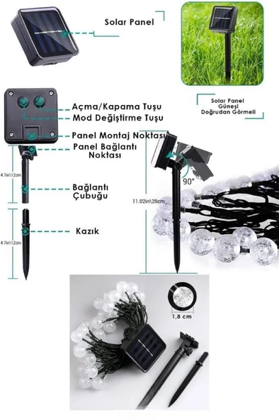 7 Metre 50 Led Opak Solar Lamba Güneş Enerjili Sarı Işık Top Zincir Bahçe Aydınlatma Parti Süs Lambası - Resim 5