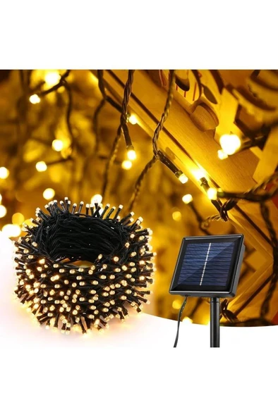 12 Metre 100 Led Solar Lamba Güneş Enerjili Sarı Işık Top Zincir Bahçe Aydınlatma Parti Süs Lambası