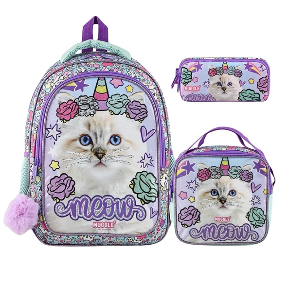 Muggle 2 Bölmeli Pretty Cat Meow Okul Çantası + Beslenme Çantası +Kalemlik