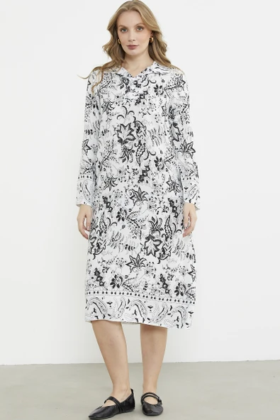 Gömlek Yaka Desenli Uzun Kol Elbise - Siyah - 2