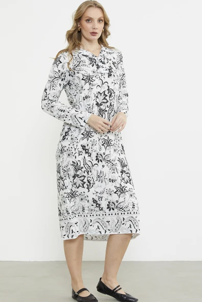 Gömlek Yaka Desenli Uzun Kol Elbise - Siyah - 3