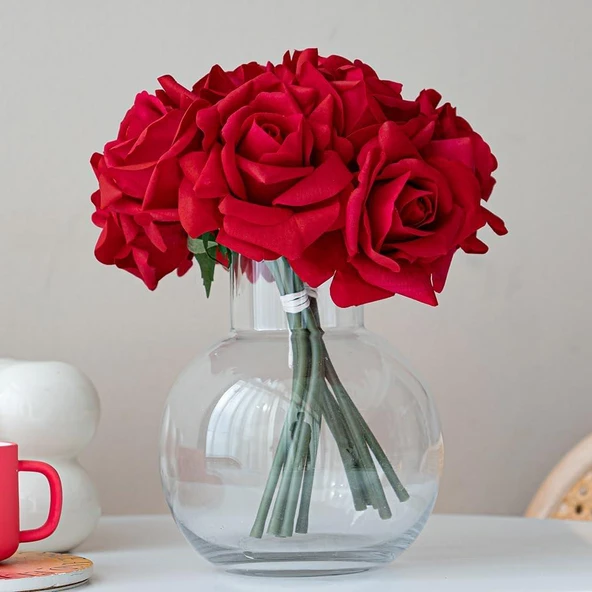 Nettenevime Yapay Çiçek Kırmızı Gül 10lu Demet Gelin Çiçeği Buketi Masa Üstü Vazo Çiçeği 25cm - Resim 7