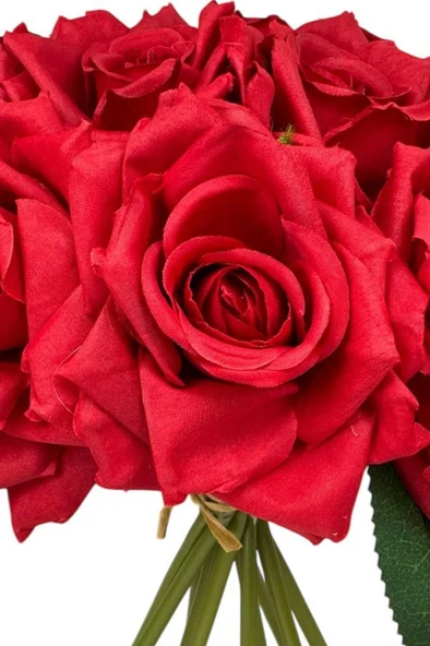 Nettenevime Yapay Çiçek Kırmızı Gül 10lu Demet Gelin Çiçeği Buketi Masa Üstü Vazo Çiçeği 25cm - Resim 5