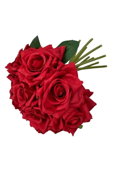 Nettenevime Yapay Çiçek Kırmızı Gül 10lu Demet Gelin Çiçeği Buketi Masa Üstü Vazo Çiçeği 25cm - Resim 6