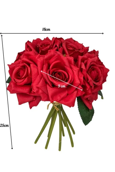 Nettenevime Yapay Çiçek Kırmızı Gül 10lu Demet Gelin Çiçeği Buketi Masa Üstü Vazo Çiçeği 25cm - Resim 3