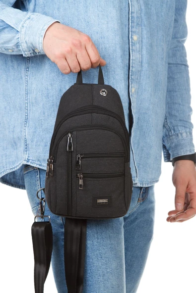 Unisex Siyah Omuz Çantası Su Geçirmez Kanvas Kumaş Body Bag Çift Taraflı Çapraz Postacı Çanta - 3