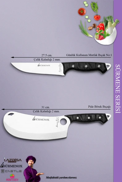 Sürmene Serisi Mutfak Bıçak Seti Et Ekmek Sebze Börek Pide Pizza Şef Bıçağı 2 Li Set Siyah (MFT-016) - 2