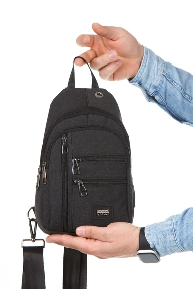 Unisex Siyah Omuz Çantası Su Geçirmez Kanvas Kumaş Body Bag Çift Taraflı Çapraz Postacı Çanta - 4