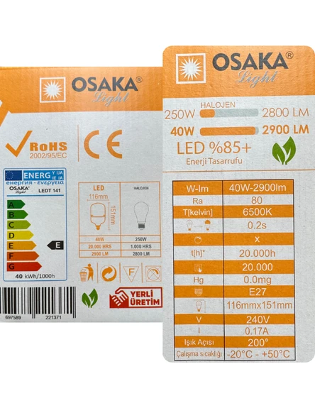 (2 Adet) Osaka 40W (250W) Beyaz Işık E27 Duylu (Kalın Duy) Led Torch Ampul - 4