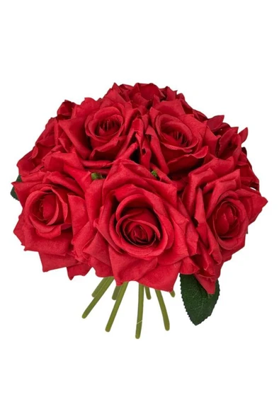 Nettenevime Yapay Çiçek Kırmızı Gül 10lu Demet Gelin Çiçeği Buketi Masa Üstü Vazo Çiçeği 25cm - Resim 2