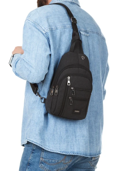 Unisex Siyah Omuz Çantası Su Geçirmez Kanvas Kumaş Body Bag Çift Taraflı Çapraz Postacı Çanta - 2
