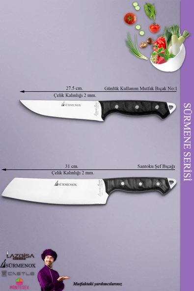 Sürmene Serisi Mutfak Santoku Şef Bıçak Seti Et Ekmek Sebze Şef Bıçağı 2 Li Set Siyah (MFT-018) - 2